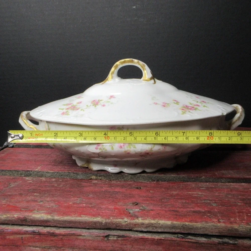 Antique Theodore Haviland Limoges France Covered Casserole Dish Pink Roses Gold